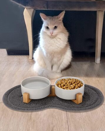 Миска для корму для собак і котів з кераміки з бамбуковим підставкою та антиковзним килимком (400 мл, 2 шт., зелений/сірий)
