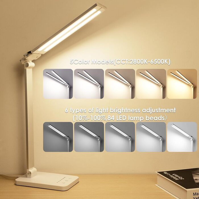 LED-лампа настільна з бездротовою зарядкою та годинником - настільна лампа з регулюванням яскравості, USB-порт, 3 режими, білий колір (Mt862-eu-white)