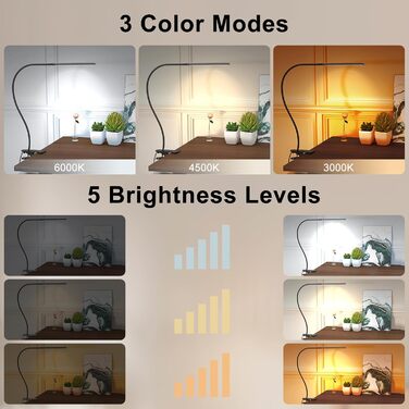 Лампа настільна LED Mojimdo 77 з пультом, 40 см, 3 кольори, 5 рівнів яскравості, гнучкий поворот 360°, USB-зарядка, чорна (70 см висота)