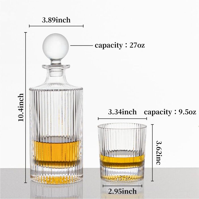 Ribbed Whiskey Decanter Set with 2 Glasses - 765ml Scotch & Whiskey Decanter Gift Set for Men & Women