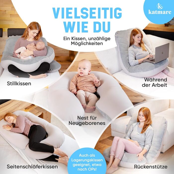 Подушка для сну на бік Katmare - вагітна подушка, подушка для годування, Body Pillow XXL з мікроперлин, знімний чохол, двостороння (зима/літо)