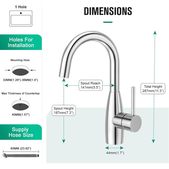 Кран кухонний CREA, 360° поворотний, для малої кухні, змішувач з високим виливом, нержавіюча сталь хром