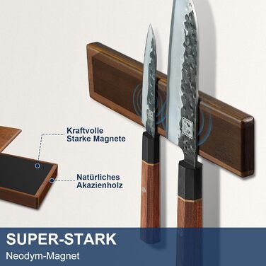 ENOKING Magnetic Knife Strip 26 cm, Magnetic Knife Block without Knives, Magnetic Knife Holder made of Acacia Wood with 2 Hooks