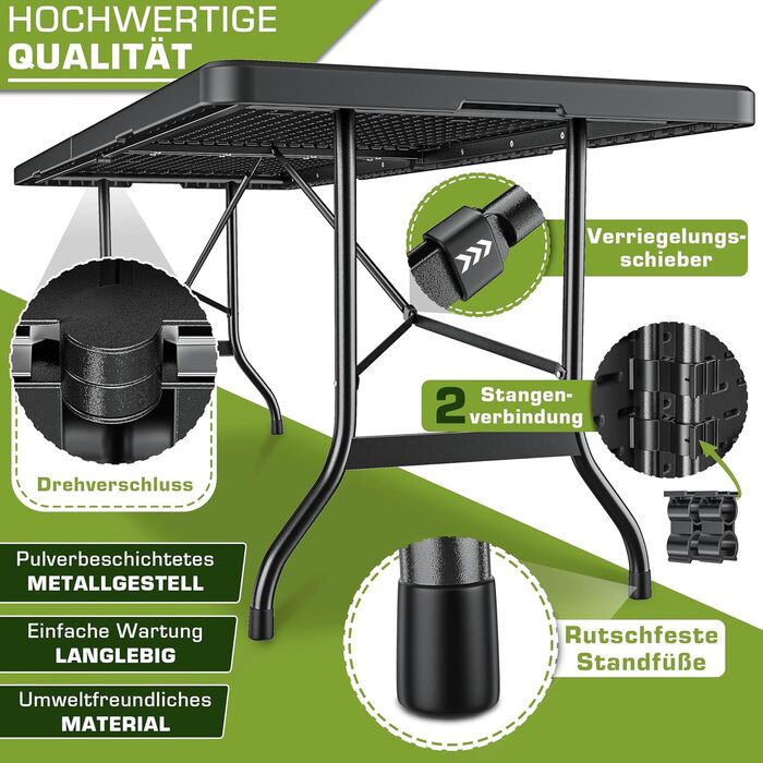 Зручний складаний садовий стіл Tillvex 180x75 см з ручкою для перенесення | Стіл для тераси, балкона, кемпінгу | Чорний