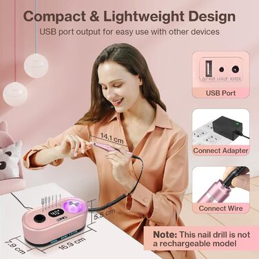 Електрична шліфувальна машинка для нігтів, професійна, 40000 об/хв, LCD, манікюр/педикюр, набір з багатофункціональною базою, рожевий