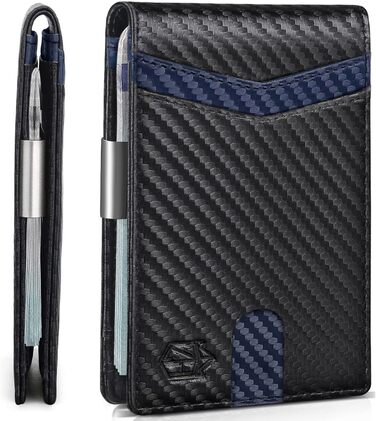 Чоловічий шкіряний гаманець Zitahli Sport-Fan з відділеннями для 10-12 карток, RFID-захистом, кліпсою для грошей та віконцем для посвідчення, тонкий, мінімалістичний, подарунок для чоловіків (карбонове чорний, акцентний синій)