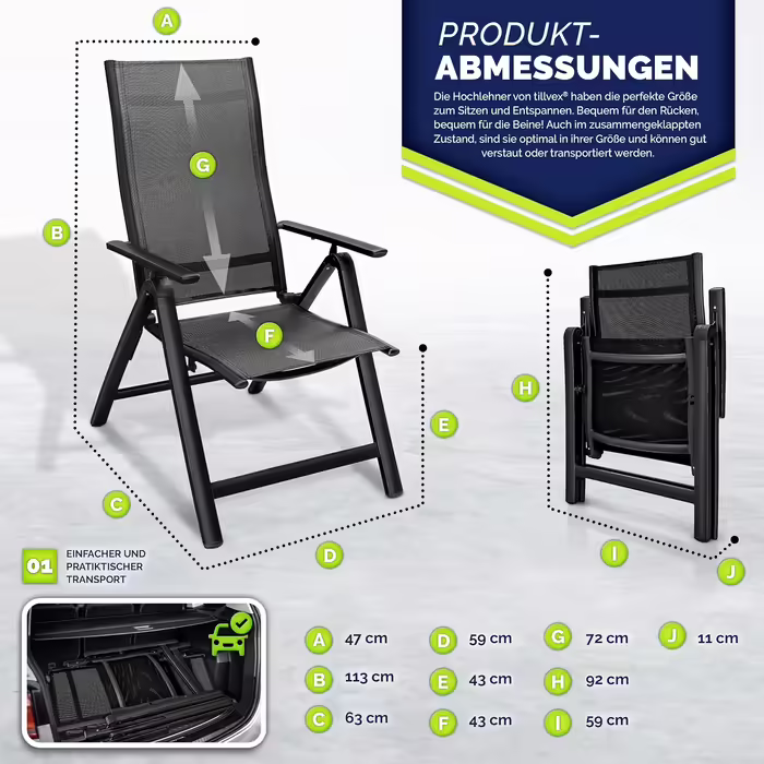 tillvex Premium Garden Chair 1 Piece Folding Aluminum | High Back with Armrests | Adjustable Folding Chair | Folding Armchair Balcony Garden Terrace 1 Piece (Black, 2 Pieces)