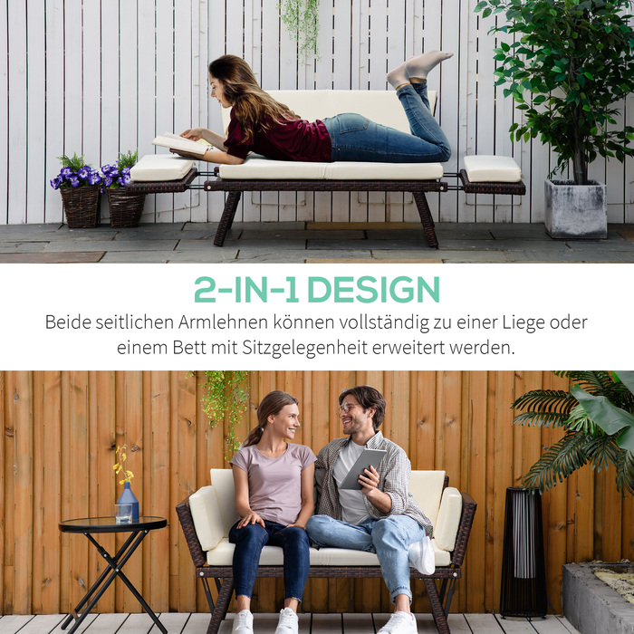 Розкладне садове софа Outsunny з ротангу Polyrattan на 2 особи, садові меблі, садове софа для відпочинку з підлокітниками, сталь, коричневий, 129x63x67 см для тераси та балкону.