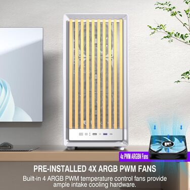 Корпус для ПК FOIFKIN з дерев'яною передньою панеллю з горіха, 4 PWM ARGB вентилятори, ATX Mid-Tower, USB Type-C, (M1, Білий)
