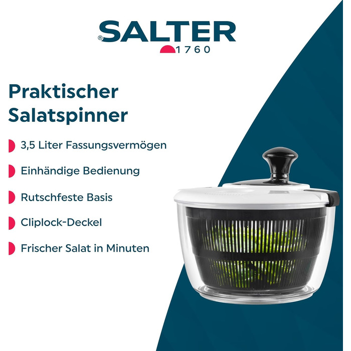 Салатниця-центрифуга Salter 3.5L – миття, сушіння та подача, чорна