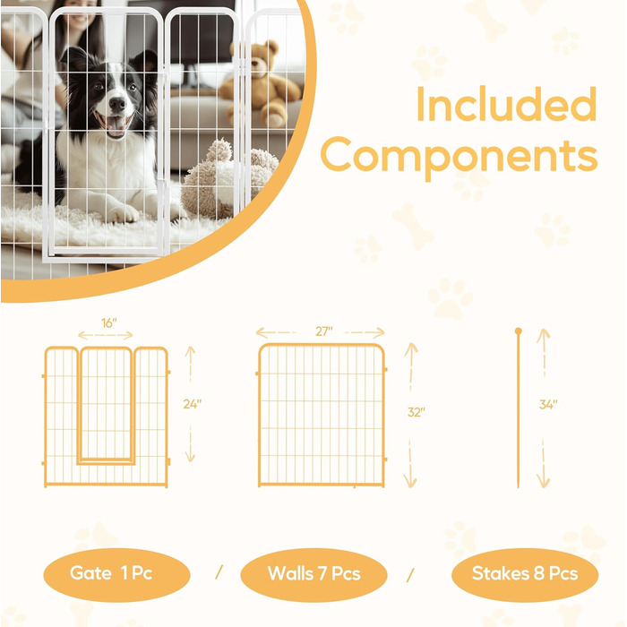 Клітка для собак, 101,6 см, 8 панелей, міцна металева, для дому та саду, кемпінгу, двору, автодому, захисний забір, приватність, тераса, білий колір