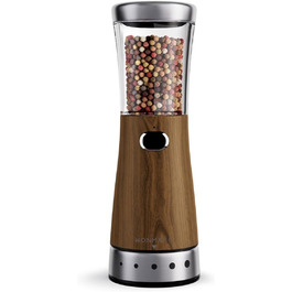 Salt and pepper grinder, electric spice grinder, one-hand operation, LED light and adjustable coarseness, deep wood grain