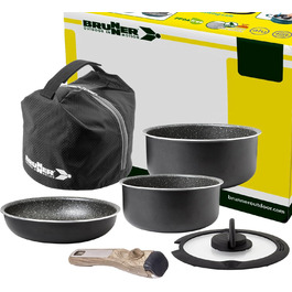 Набір посуду для кемпінгу BRUNNER з алюмінію (каструлі та сковорідки) - діаметр 20, 22, 24, 26 см, Pirate Vakublock, на 4 особи, з покриттям, легкий, високоякісний, стікений, 4+1 частина, міні діаметр 20 см