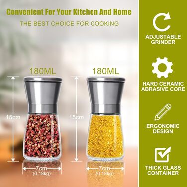 Набір ручних мельниць для солі та перцю 2 шт. з регульованим керамічним жорном, 180 мл