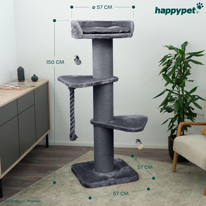 Преміум кігтеточка HAPPYPET 'Фредді' – 150 см, для Мейн-куна, з натурального сизалю, товсті стійкі стовпи (сіра)