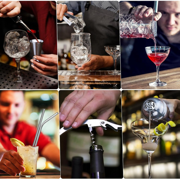 Набір для приготування коктейлів, 750мл, нержавіюча сталь, 15 предметів, професійний барний набір, барменський набір з підставкою з бамбука, рецепти, мірний стакан, ложка, подарунковий набір для бару та дому