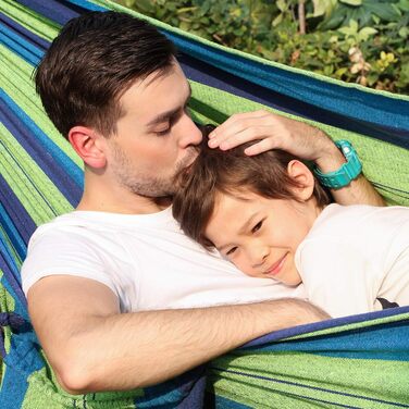 Гамак SONGMICS для 3-х осіб 210x150 см, смуги зелено-блакитні, вантажопідйомність 300 кг, для кемпінгу, туризму, саду, сертифікат TÜV Rheinland