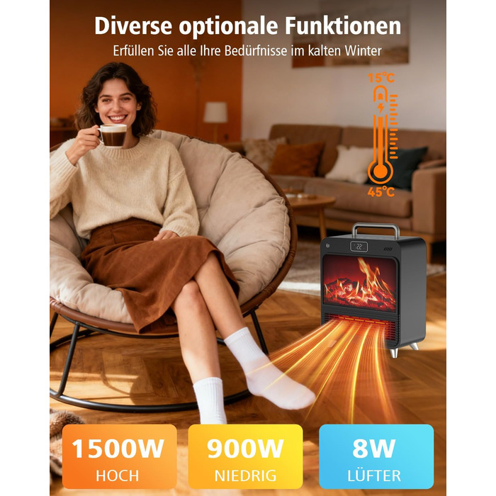 Електричний обігрівач 1500W з термостатом та таймером, тихий (34dB), захист від перегріву та перекидання, з пультком, чорний та срібний
