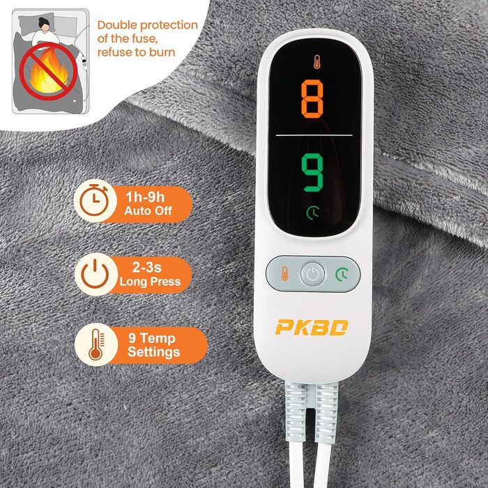 Електрична ковдра з підігрівом 190x130 см, фланель, з автовимкненням, 9 рівнів нагріву, захист від перегріву, пральна, сіра