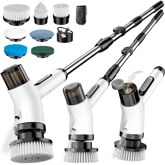 Електрична щітка для прибирання з акумулятором 3000mAh, 7 насадок, регульована ручка, IPX7 водонепроникність, 2 швидкості, для ванної кімнати та плитки, кремово-білий колір (Коричнева Хмара)