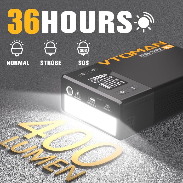 VTOMAN X1 Портативний пусковий пристрій з повітряним компресором, 2500A, акумуляторний, для автомобілів з бензиновими (до 8,5 л) та дизельними (до 6 л) двигунами, цифровий надувний насос 150 PSI, 12V, зарядний пристрій