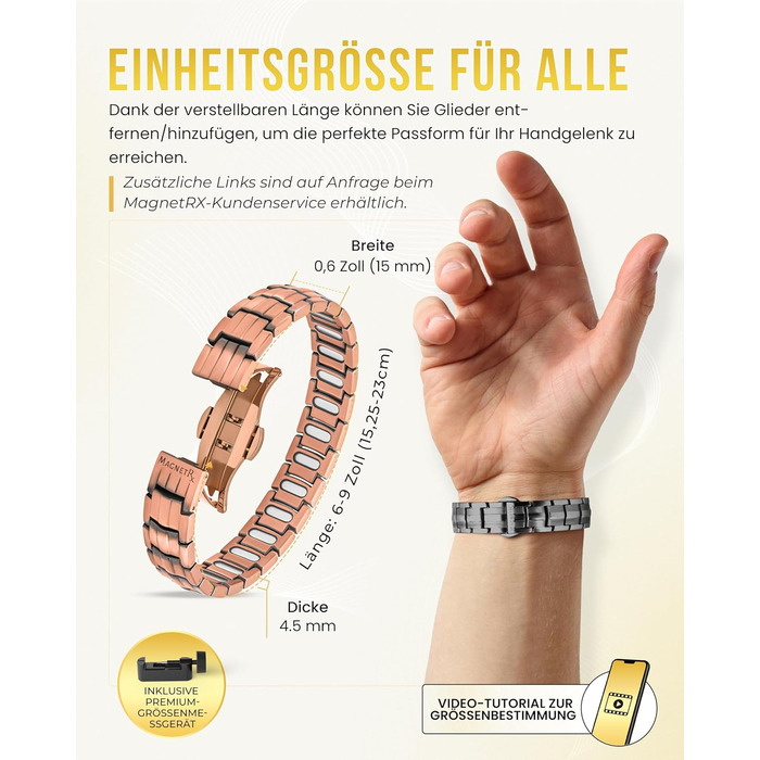 Браслет на руку чоловічий MagnetRX® з чистої міді – Магнітний браслет для чоловіків для магнітної терапії – Ідеально підходить при артриті та синдромі зап'ястного каналу – З інструментом для регулювання довжини (5 рівнів інтенсивності – EllipseMAX (5000 Г