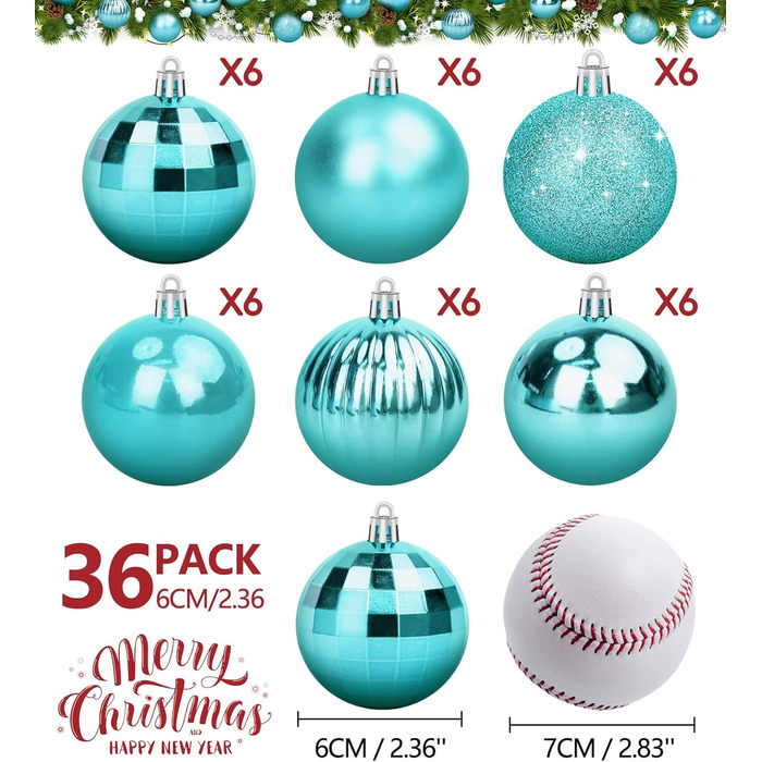 36 блакитних новорічних кулі для прикраси ялинки, 6 см, новорічний декор