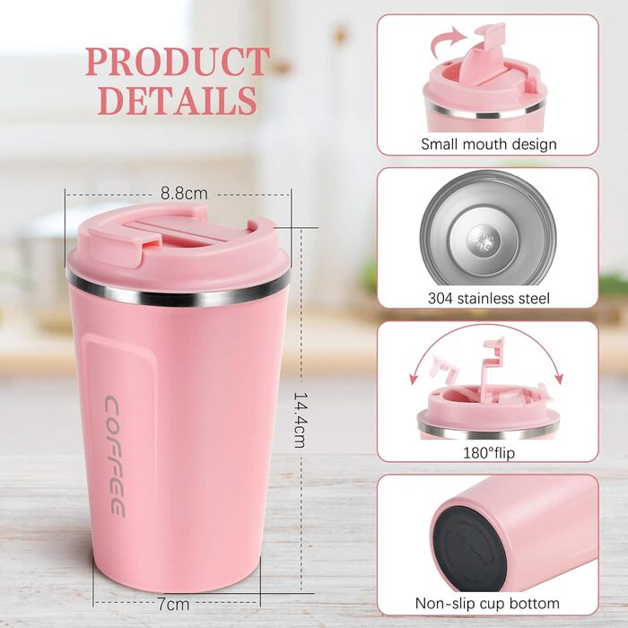Термокружка Flintronic 510 мл з подвійними стінками, з кришкою, не протікає, для кави та чаю (рожевий)