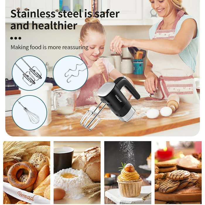 Міксер SOKANY 800W з нержавіючої сталі, 5 швидкостей, 3-в-1 (з гаками для тіста та вінчиками), Sk-02001