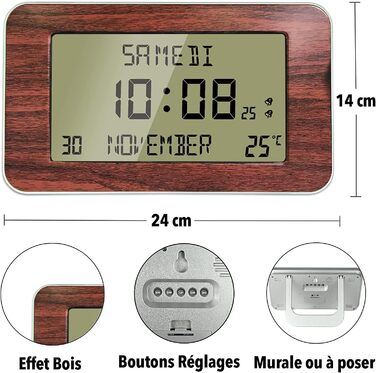 FISHTEC Radio Clock Alarm Clock with Calendar – Large Display, Date, Day, Time, Temperature, 2 Alarms, Wall Mounting or Stand – Wood-Look Finish, 24 x 14 cm