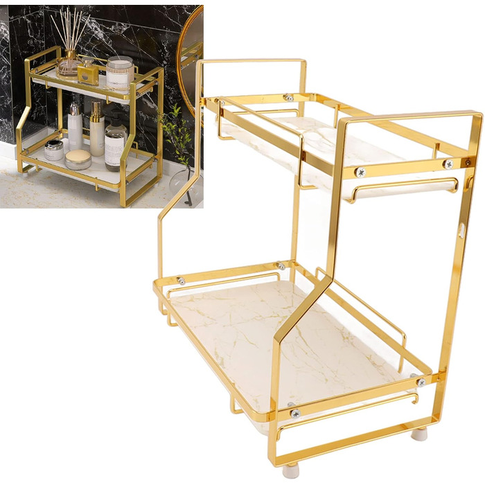 Wall-mounted bathroom shelf with 2 tiers, desk storage shelf for bedroom, kitchen, living room, bathroom, countertop, Nizer for enhanced Nizer and space-saving, gold
