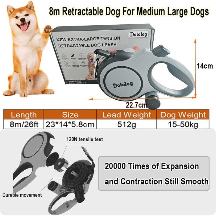 Рулетка для собак 8м, висувна повідка для собак середніх та великих порід до 50 кг, повідка-рулетка, подарунок для собаки (сірий/чорний, 8 м)