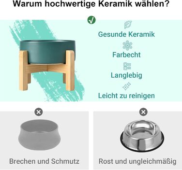 Набір мисок для корму для собак і котів SpunkyJunky з кераміки, піднятий на підставці з бамбука (2 шт. по 400 мл, зелений)
