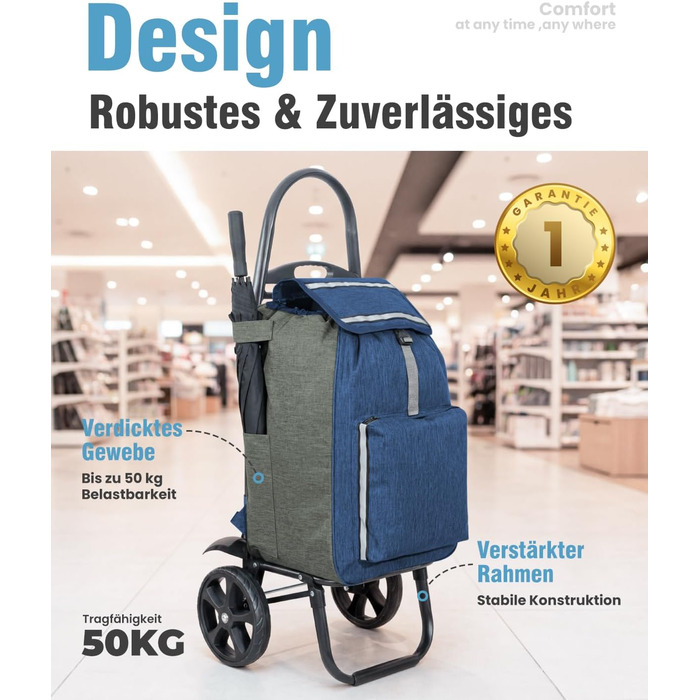 Складаний візок для покупок Homecall 50L з охолодженням та сумкою, 3 в 1 (блакитний & сірий)