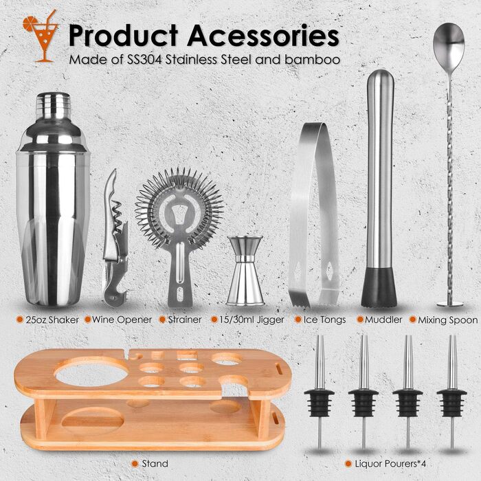 Набір шейкер для коктейлів Esmula 750 мл, 12 предметів, нержавіюча сталь, професійний барменський набір, комплект для приготування мартіні, стильний барний інструмент для дому, з книгою рецептів коктейлів (сріблястий)