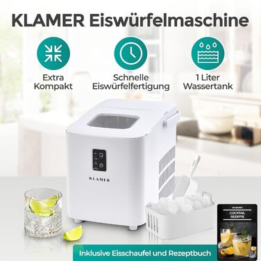 Машина для приготування льоду KLAMER: компактна модель з черпаком та 2 розмірами кубиків льоду - 10 кубиків за 7 хвилин, 15 кг на день, тихий Ice Maker з таймером (1л, білий)