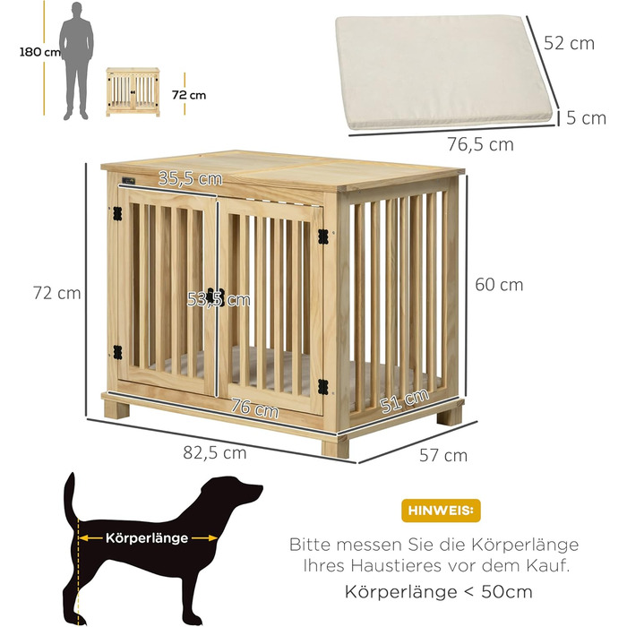 Клітка для собак Pawhut, дерев'яна, для середніх собак, з подушкою, 82.5 x 57 x 72 см