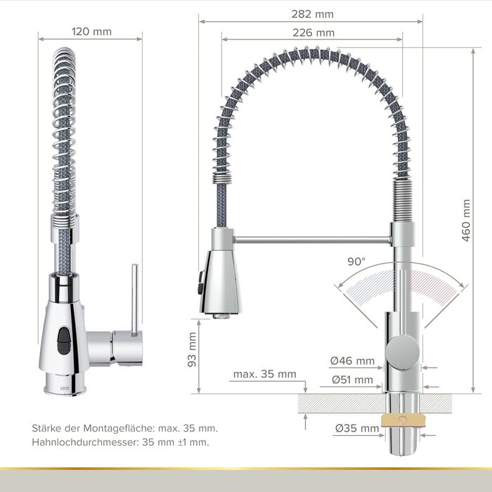 Кухонний змішувач Lenz KALANI² в стилі - з регульованою насадкою для посуду – проста установка та високоякісна обробка, 46070322 (Високий тиск, Хром)