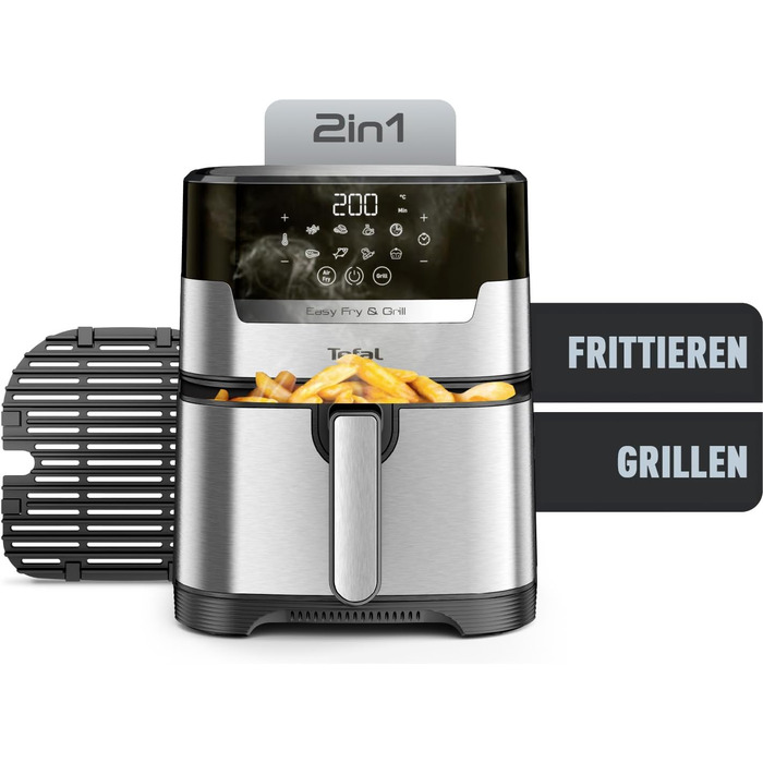 Tefal EY505D Easy Fry & Grill Hot Air Fryer | 2-in-1 Technology (Air Fryer and Grill) | Digital Display | 4.2 Liter for 6 Portions | 8 Cooking Programs | Energy-Saving | Oil-Free | Stainless Steel, XL