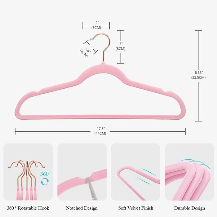 22 шт. плюшеві вішалки для одягу Stormix для дорослих, преміум-якість, антиковзаючі, ультратонкі, для костюмів, сорочок, суконь, темно-рожевого кольору (гачки рожевого золота)