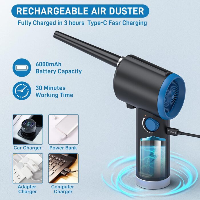 Електричний повітряний пилосос Air Duster, 41000 обертів/хв, комплект для чищення ПК, ручний бездротовий, для комп'ютерів, клавіатур, авто, тварин (TAD07-B)