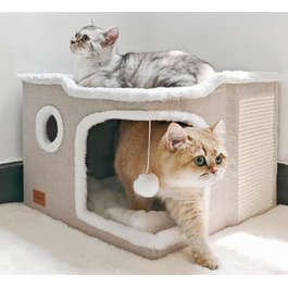 Large Cat Cave Bed for House Cats, Foldable Pet House, Cube with Scratch Pad, Kitten Cave, Cat Hideaway Cute Hut with Soft Cushion Mat, Beige, 43.2 x 43.2 x 33 cm