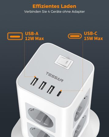 Багатофункціональна мережа TESSAN з 8 розеток, USB-C, захистом від перенапруги, вимикачем, 2 м кабелем, 3600W (сірий/білий)