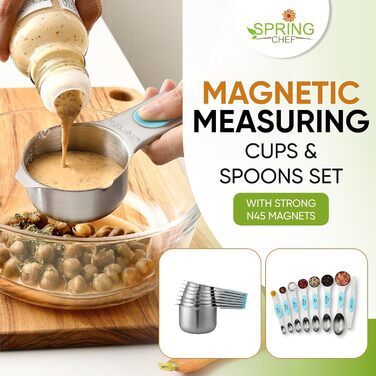Spring Chef Magnetic Measuring Cups & Spoons Set (Patented), Strong Magnets, Durable Stainless Steel, Fits Spice Jars for Baking & Cooking, BPA-Free, Round, 15-Piece Set with Leveler, Aqua