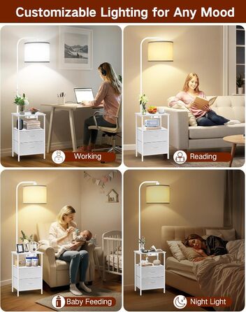 Стійка лампа для вітальні з поличкою та столиком, диммування LED, пульт керування, 3 колірні температури, приліжний столик з підзарядкою, дерев'яний столик для спальні/офісу (білий з шухлядами)