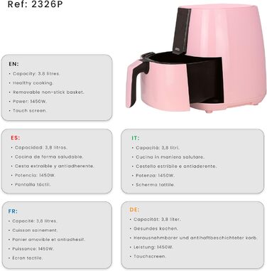 JOCCA аерофритюрниця 3,8 л, без олії, 1450 Вт, LED сенсор, енергозберігаюча, рожева