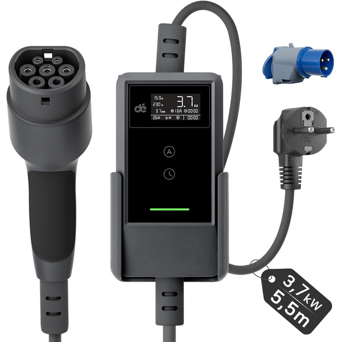 Кабель для зарядки електромобіля Type 2 Schuko 3,7kW (6-16A, 1-фазний) з LCD-дисплеєм, 5,5м, чорний