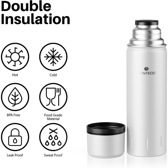 Термос-термокана з нержавіючої сталі SANTECO 1л, 500мл, не протікає, з кришкою-чашкою для подорожей. Термос для кави та чаю для дітей, спорту, без BPA, 24 години холод, 12 годин тепло (білий, 1000 мл)