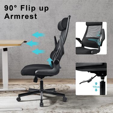 Ергономічне крісло для офісу з регульованою підголовником, офісне крісло з сітки, відкидні підлокітники, широке сидіння, функція гойдання, комп'ютерне крісло EN 1335, офісне крісло 200 кг, чорне