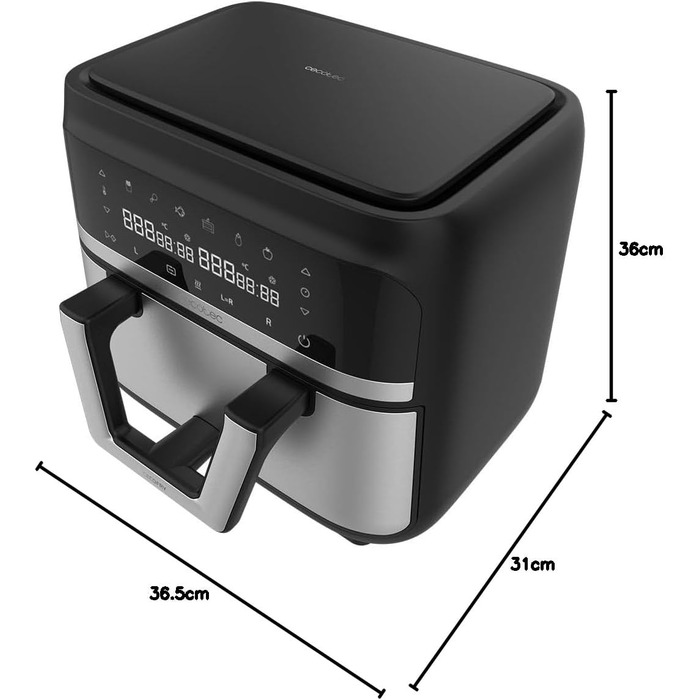 Cecotec Oil-Free Hot Air Fryer, 9L Cecofry Dual 9000 Air Fryer. 2850W, Digital and compact, Dual Temperature, PerfectCook Technology, possibility to split the bowl into 2 x 4.5L, 6 Modes Stainless Steel 1 Basket 9 Liters + Divider
